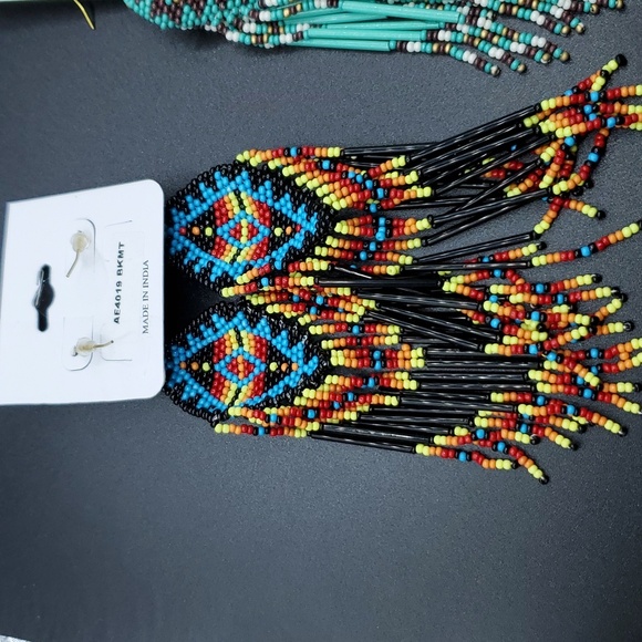 NWT Handmade Southwestern  Aztec Seedbead Tassel Dangle Earrings Plated 2 Choice - Picture 4 of 8
